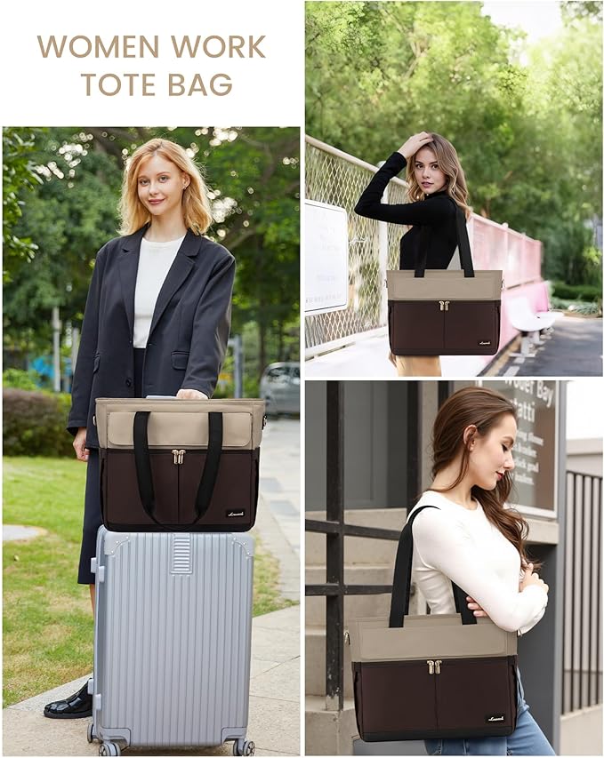 LOVEVOOK Laptop Bag for Women 15.6 Inch Canvas Laptop Large Capacity Work Bags Mutiple Pockets Teacher Bag Water Resistant Computer Bags for Business Travel Nurse, Apricot-coffee