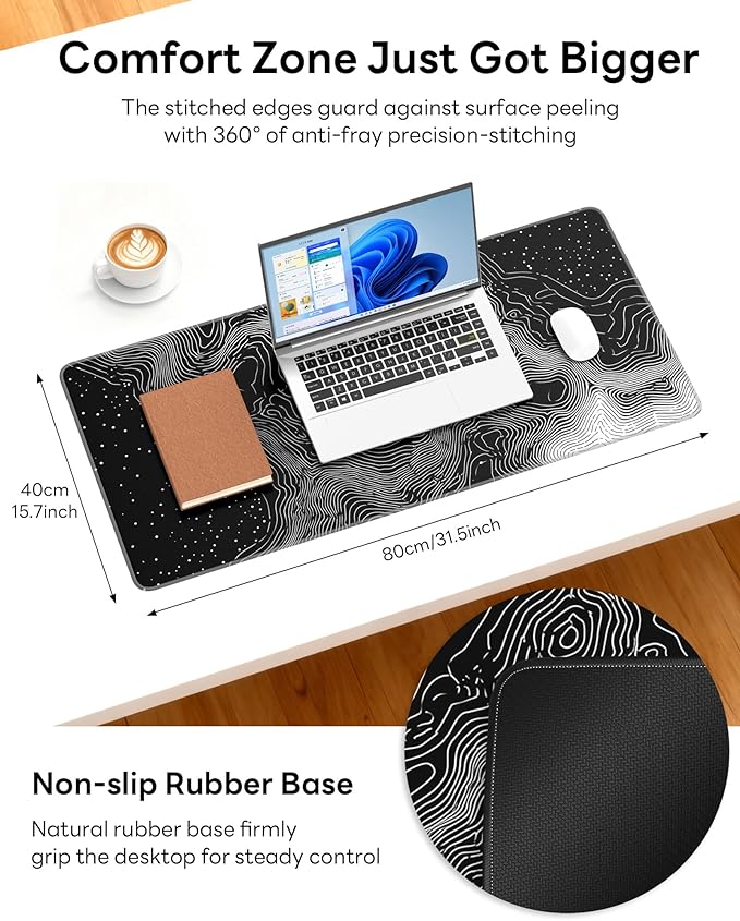 XL Gaming Mouse Pad, 31.5x17.5'' Large Desk Mat with Anti-Slip Rubber Base & Stitched Edges for Gaming, Office, Home - Linear Map