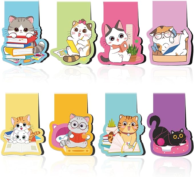 Cat Magnetic Bookmarks, 8 Pcs Cute Cartoon Cat Magnet Page Markers Animal Bookmark Clips for Reading, Magnetic Book Marks for Kids Students Teachers Book Lovers School Office Gifts