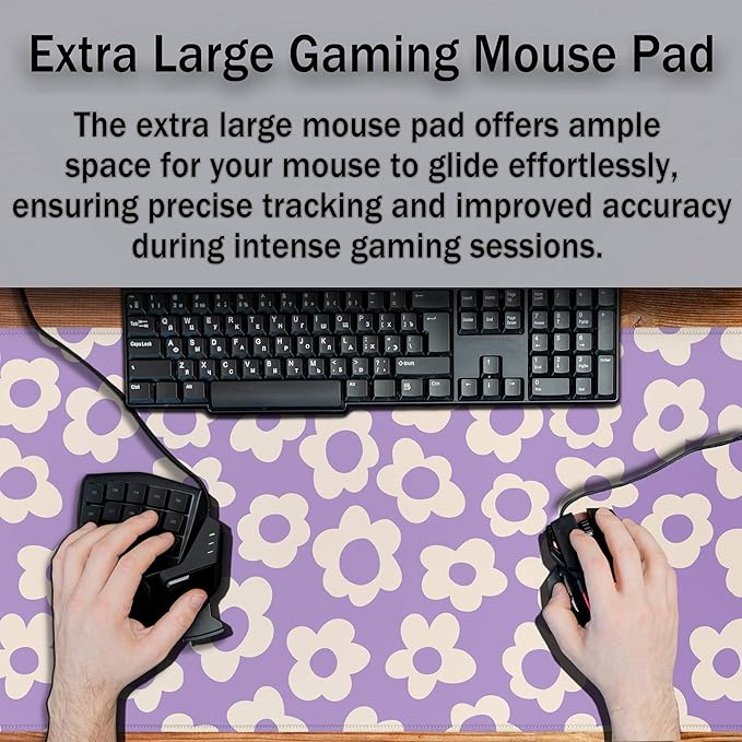 Gaming Mousepad Purple Girl Boss Office Decor Desktop Mats Desk Stuff for Woman Large Mouse Pad XXL Mats Non-Slip Rubber Base 35.4" X 15.7" for Game Office, Vintage Groovy Flowers