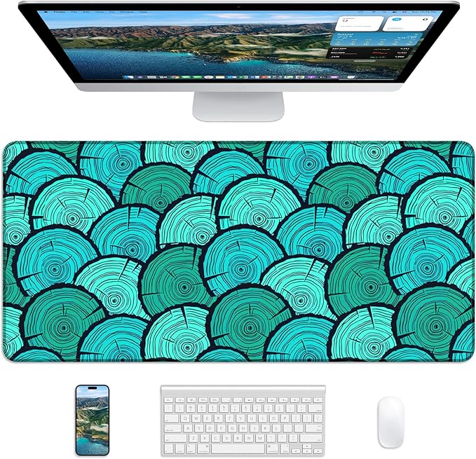XL Gaming Mouse Pad, 31.5x17.5'' Large Desk Mat with Anti-Slip Rubber Base & Stitched Edges for Gaming, Office, Home - Annual Rings