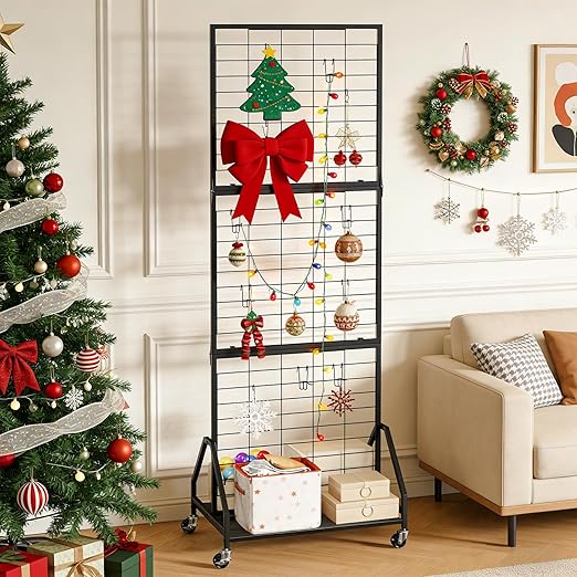 ELYKEN Foldable Grid Wall Panels 5.5' x 2' FT, Movable Wire Gridwall Display Rack with Wheels and Adjustable Foots, Retail Display Stand for Vendor with Storage (Black)