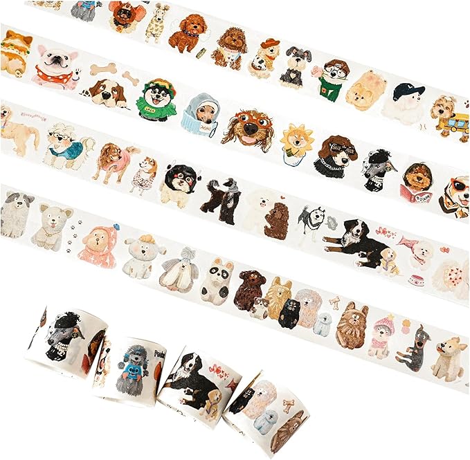 WT Tail Waggers Washi Tape Sticker Set, 4 Rolls, Original Designs, Cute Pet-Themed Decorative Tape for Scrapbooking, Journaling, Planners & DIY Crafts