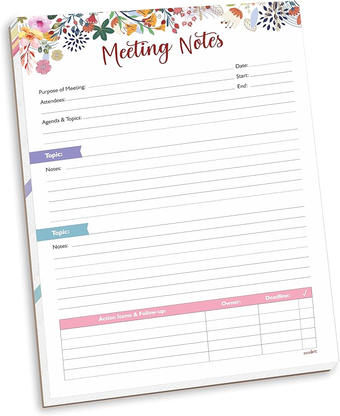 mudrit Meeting Notes Pad - Topics, Takeaways, Action Items & Follow-Ups - Undated Meeting Notes Agenda Organizer 53 pages, Tear Off Book - 8.5" x 11" inches