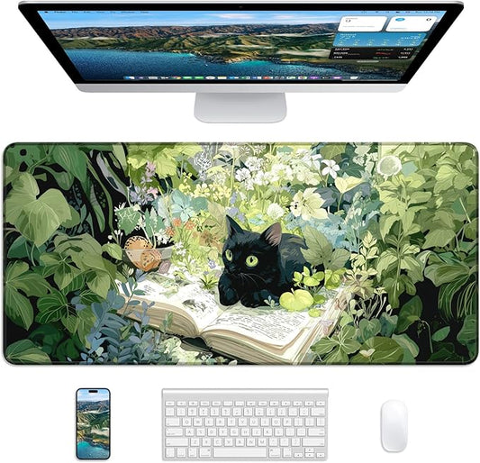 XL Gaming Mouse Pad, 31.5x17.5'' Large Desk Mat with Anti-Slip Rubber Base & Stitched Edges for Gaming, Office, Home - Reading Cat