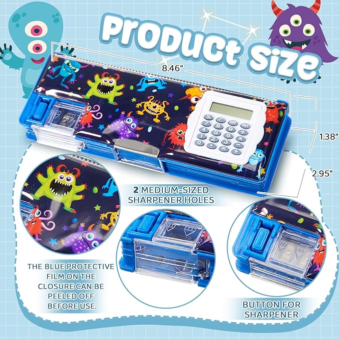 Henoyso Multifunctional Pencil Box for Boys Microorganism Pencil Case with Calculator and Sharpener Cool Cute Pencilcase School Supplies Essentials Christmas Birthday Gift Present for Kids Teens