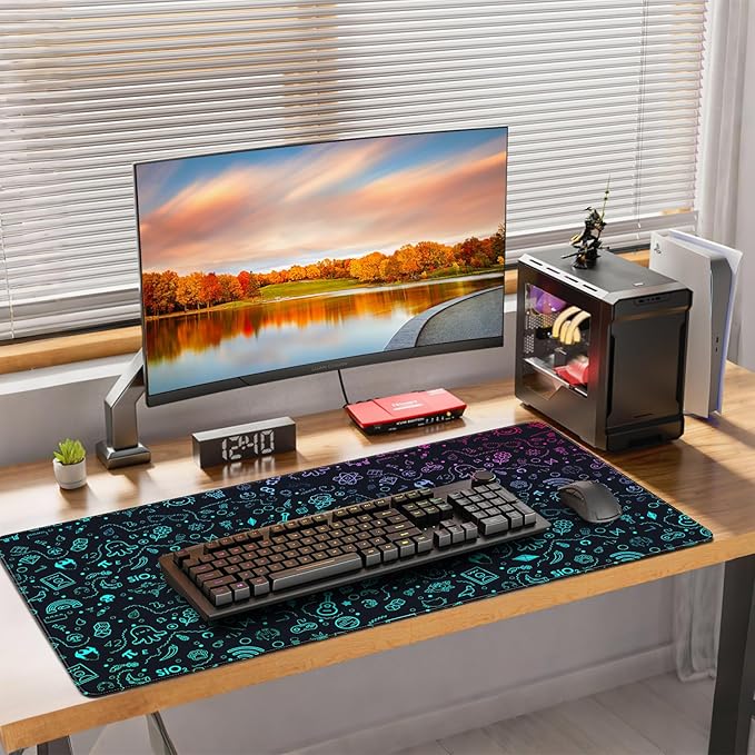 XXL Gaming Mouse Pad, Gradient Icon Design, 35.4 x 15.7 Inches, Microfiber Cloth, Rectangular, Non-Slip Rubber Base