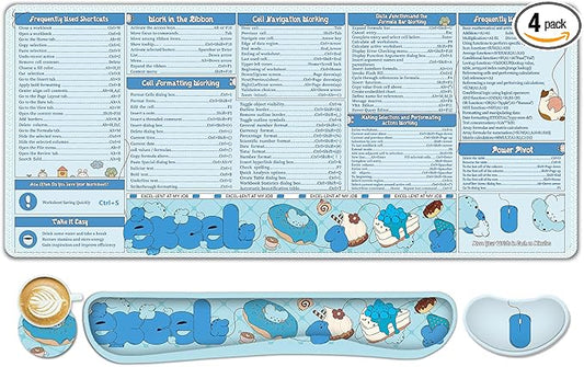 Excel Cheat Sheet Desk Pad Large Mouse Pad Set, Wrist Rest Support Desk Mat for Keyboard and Mouse, 4PCS Computer Mats XXL Non-Slip Base Mousepad Protector Office, Shortcuts Employee Appreciation