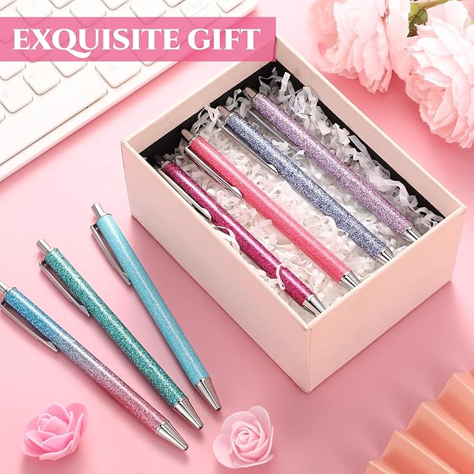 Sherr 7 Pcs Fancy Pens for Women Cute Sparkly Glitter Pens with 10 Pcs Black Ink Refills Pretty Gifts for Girls Office School Christmas Graduation(Glitter)