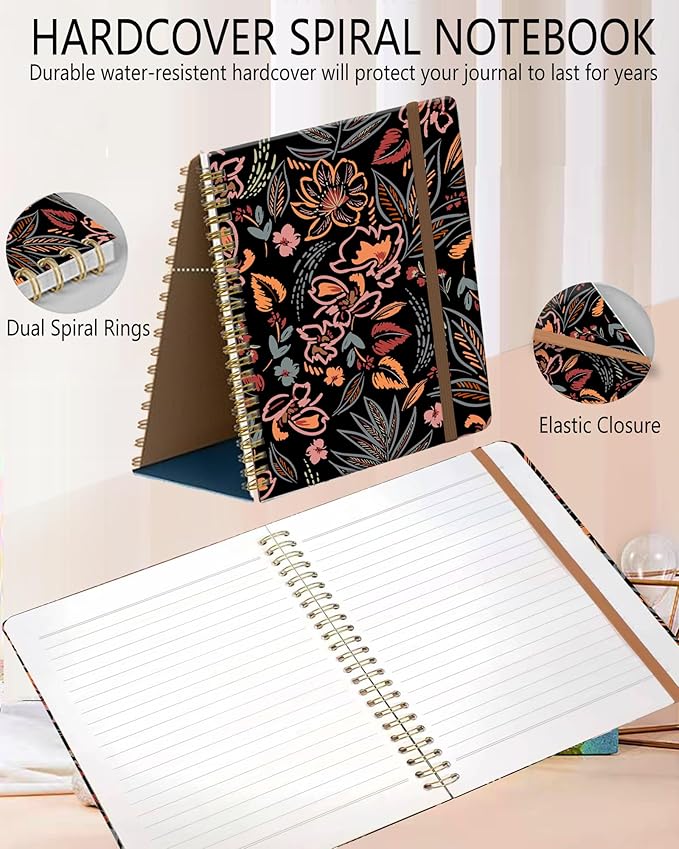 Spiral Journal Notebook, A5 Cute Notebooks for Women Men, College Ruled Hardcover Notebook for Work & Note Taking, 60 Pages Double-Wire Journals for Writing, Paisley Flowers