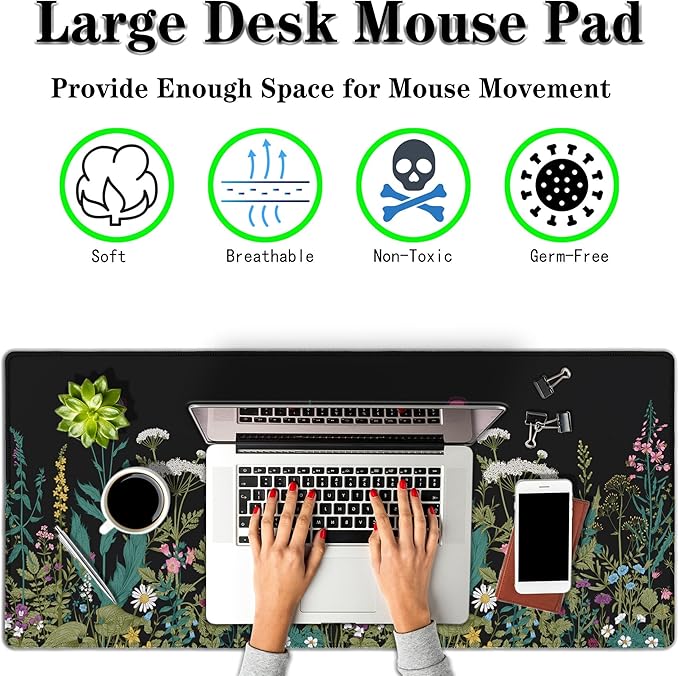 Gaming Mouse Pad Black XXXL Mousepad, Office Desk Pads Keyboard Mouse Pads, Pad for Mouse Non-Slip Rubber Base Waterproof with Stitched Edges, 35.4 X 15.7 in for Work/Game/Office Wildflower
