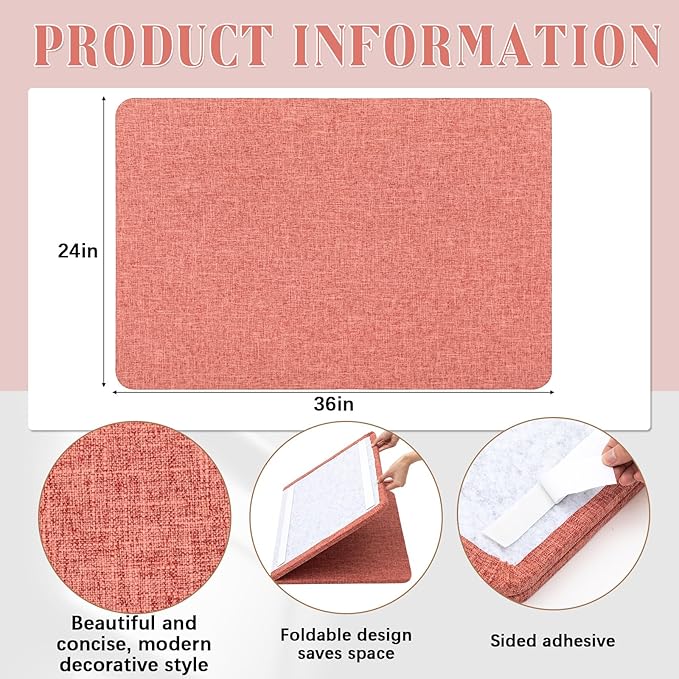 36" x 24 Linen Fabric Bulletin Board Pinboard for Walls Display Frameless Pinboard Display Notice Memory Board for Office Home Walls Kitchen Easy to Install(Coral Red)