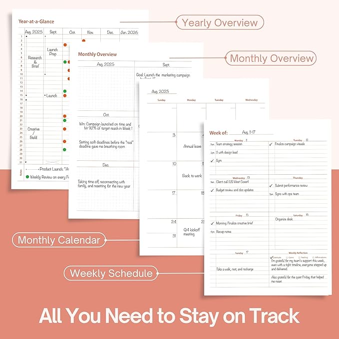Undated Weekly Planner, 8.5x11” – Dashboard Layout with Yearly Review, Monthly Calendars, & Weekly To Do List, Spiral Bound Organizer for Work, Study & Life (Blush White)