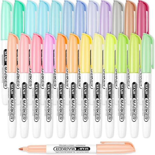 SFAIH 24 Pastel Permanent Markers - Assorted Dreamy Colors, Quick Drying, Fade Resistant, Fine Point Permanent Markers for Paper, Scrapbook, Coloring Book, Poster, Home, Art Painting, Drawing