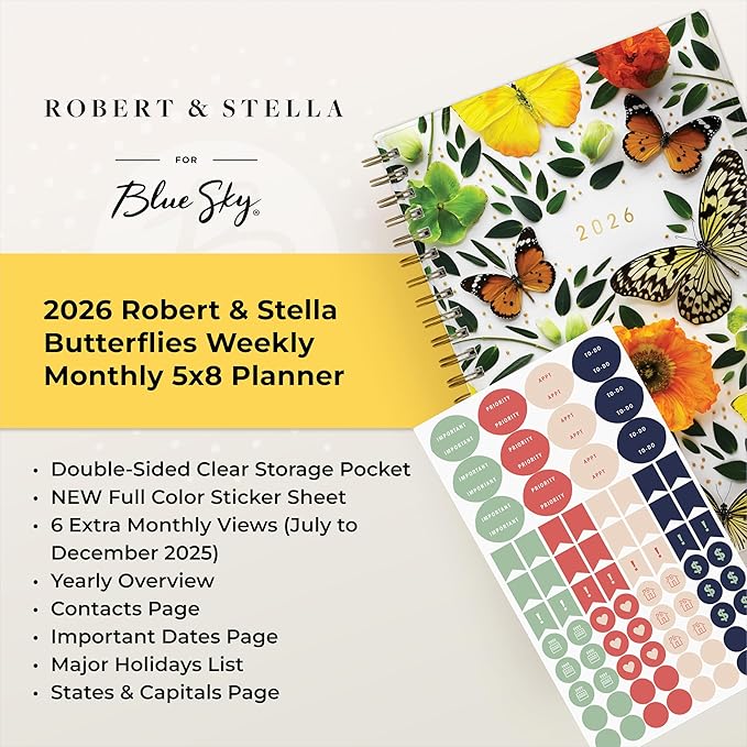 Blue Sky Artisans & Makers Sara Harding 2026 Weekly and Monthly Planner, January 2026 - December 2026, 5" x 8", Flexible Cover, Durable Wire Binding, Laminated Tabs, Pocket, Stickers, Butterflies