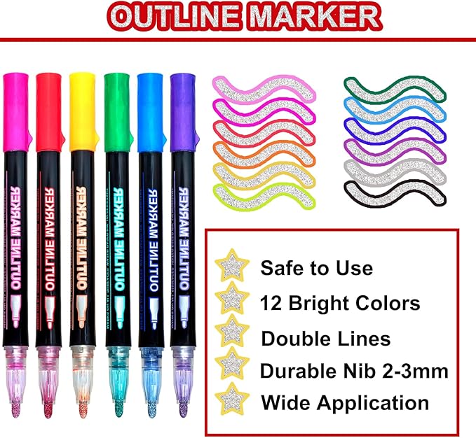 Easter Basket Stuffers Teens,12 Glitter Markers Outline Pens Metallic Shimmer,Cute Art Supplies Kids 6 7 10 9-12 Year Old Tween Teen Girl Gifts Trendy Stuff,Arts Crafts Kids Age 8-12,Crafts Girls 8-12