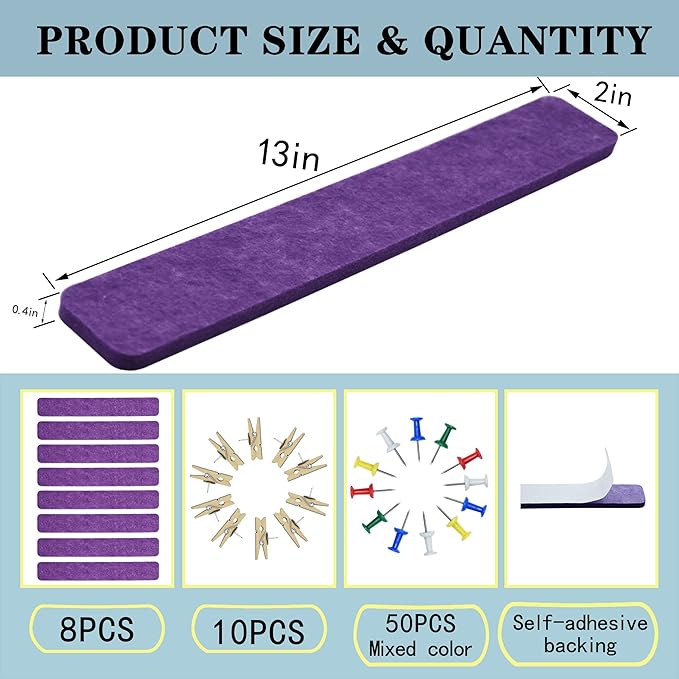 8Pcs Bulletin Board Strips, Purple Felt Pin Board Bar Strips with 50 Pushpins, Self-Adhesive Felt Cork Board Strips for Wall to Display Your Notes, Photos, Schedules, Announcements
