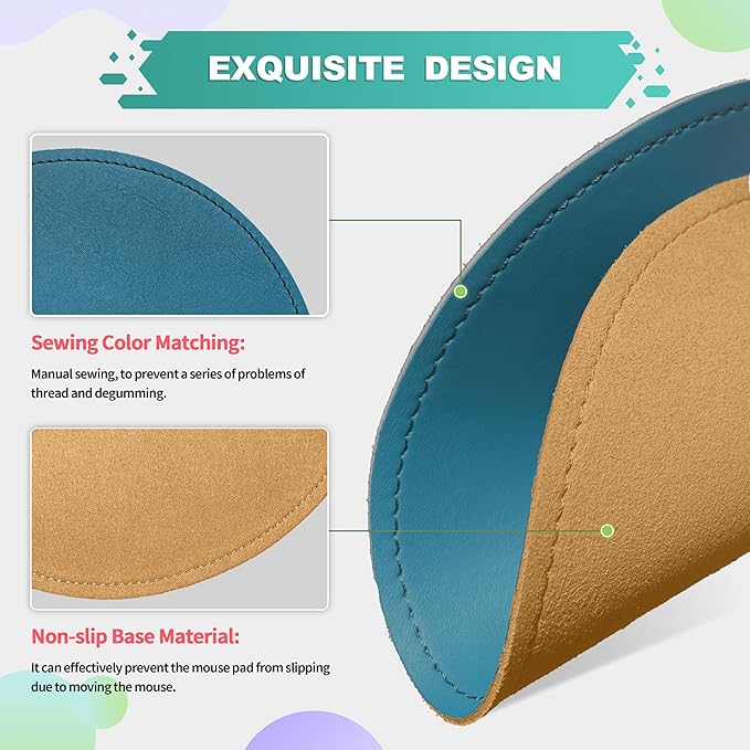 PU Leather Mouse Pad With Stitched Edge Micro-Fiber Base - Non-Slip Waterproof for Computers, Laptop - Round 9 x 9 Inch (Sapphire Blue)