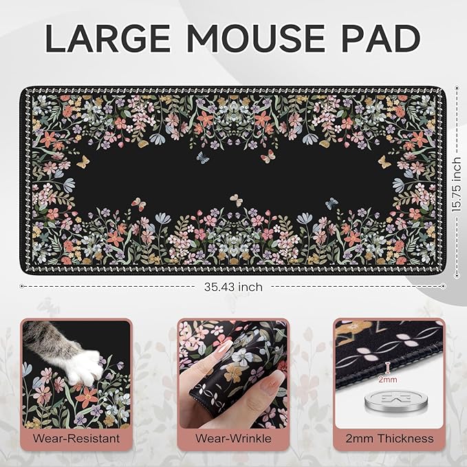 iCasso Large Desk Pad,Aesthetic Mouse Pad Black for Women Girl,Anti-Slip Rubber Base Computer Mat for Desktop,Cute Floral Desk Cover Protector Pad for Office Home School Gaming