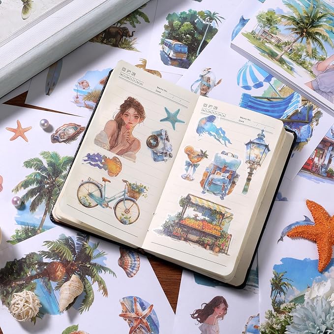 50 Sheets Beach Stickers for Scrapbooking 200 Pre-Cut Washi Sticker Girl Landscape Stickers for journaling Scrapbooking Supplies Collage Decorative DIY Arts Craft Making