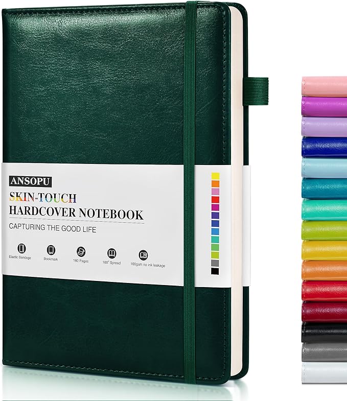 Lined Journal Notebook for Writing, A5 100 GSM Thick Paper, Leather Hardcover Journal for Woman Men, Travel Journal Diary 160 Pages(5.75'' X 8.38'' Darkgreen)