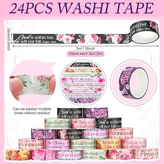 Janlaugh 24 Rolls Christian Washi Tape Gifts Bulk Religious Inspirational Scripture Supplies Bible Verse Washi Tape for Bible Journaling Study Crafting Spring Valentine's Day DIY Gifts