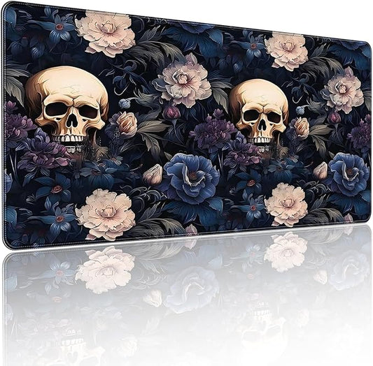 XXL Gaming Mouse Pad, Skull Rose Floral Design, 35.4 x 15.7 Inches, Non-Slip Rubber Base, Microfiber Cloth, Extended Rectangular Desk Mat