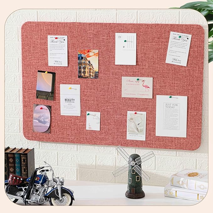 36" x 24 Linen Fabric Bulletin Board Pinboard for Walls Display Frameless Pinboard Display Notice Memory Board for Office Home Walls Kitchen Easy to Install(Coral Red)