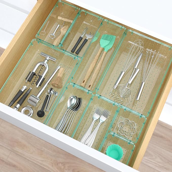 28 PCS Clear Plastic Drawer Organizers Set, 4 Size Desk Drawer Organizer Trays for Makeup, Jewelry, Kitchen Utensils, Gadgets and Office Accessories, Sea Blue