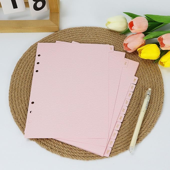 Koqye Leather Textured A5 6-Ring Binder Dividers with 12 Monthly Tabs, Pink Paper Index Page Separators for Planner/Organizer (1 Set - 12 Monthly Tabs)
