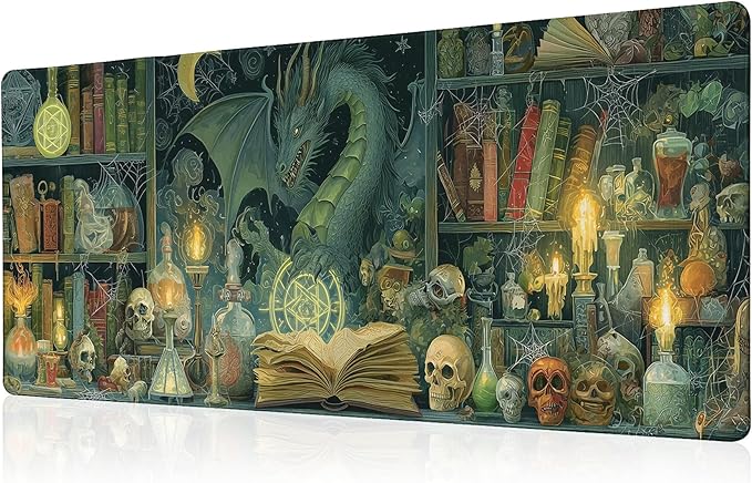Dark Dragon Mouse Pad Desk Mat XL Extended Large Gaming Desk Pad Mousepad, Mysterious Library Computer Laptop Keyboard and Mouse Mat, Desktop Protector Mat for Office and Home 31.5x11.8 in