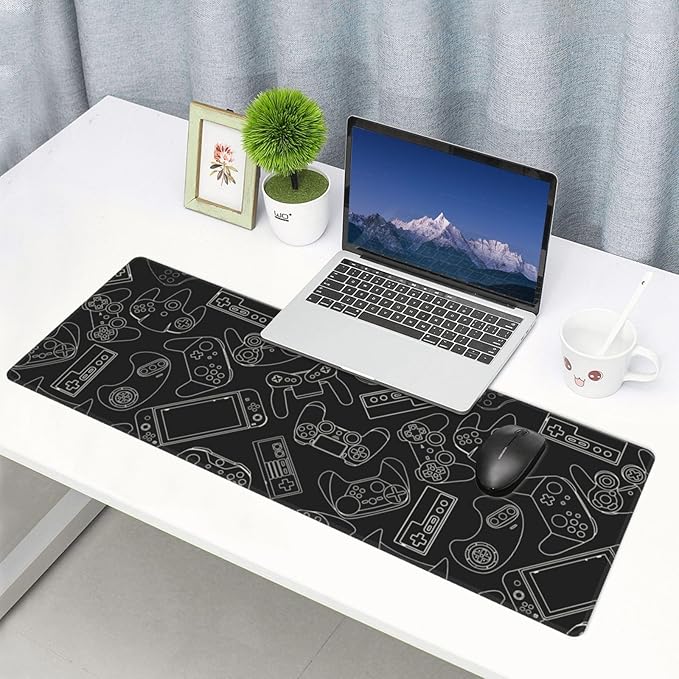 Video Game Controller Black Background XL Large Mouse Pad with Stitched Edges Long Non-Slip Rubber Base Mousepad Laptop Keyboard Mat Desk Pad for Office Home Desk Decor, 31.5" X 11.8"