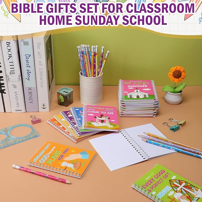 Crtiin Easter 48 Pcs Include 24 Bible Verse Notepad 24 Pencils Kids Christian Church Gifts Students Classroom Award Religious Notebook Bible Pencils Prayer Pocket School(Colorful Cross,Eclectic)