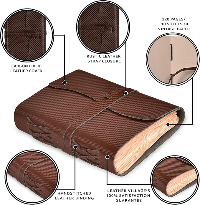 LEATHER VILLAGE Carbon Fiber Genuine Leather Bound Journal - 7'' x 5'', 220 Pages - Vintage Blank Paper Diary for Writing, Drawing, Sketchbook, and Travel Notebook - Ideal for Women and Men- Brown