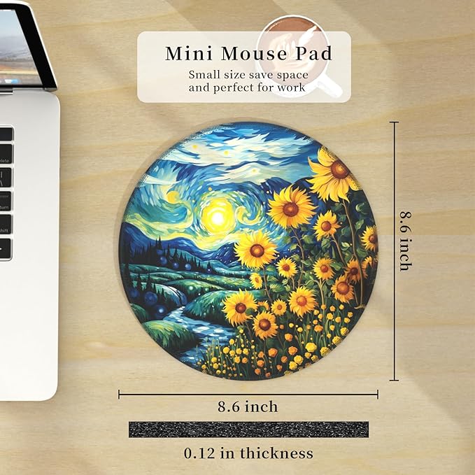 Sunflower Mouse Pad for Desk, Floral Small Mousepad with Non-Slip Rubber Base, Round Travel Mouse Pads for Wireless Mouse Laptop, Computer Mouse Mat for Gaming Home Office Desk Accessories