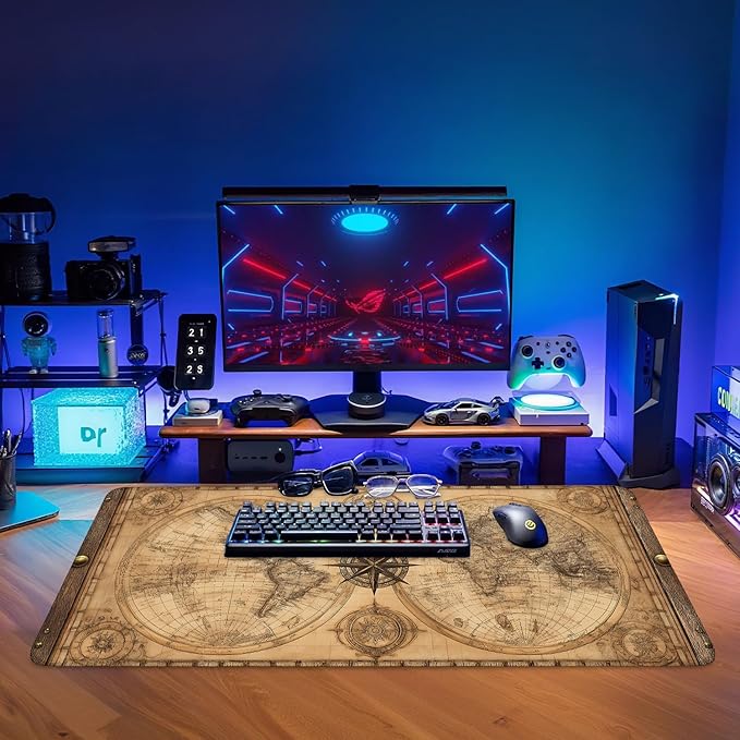 Vintage World Map Extended Gaming Mouse Pad 35.4 x 15.7 Inch – Retro Desk Mat for Gaming, Office Work, and Study, with Non-Slip Rubber Base