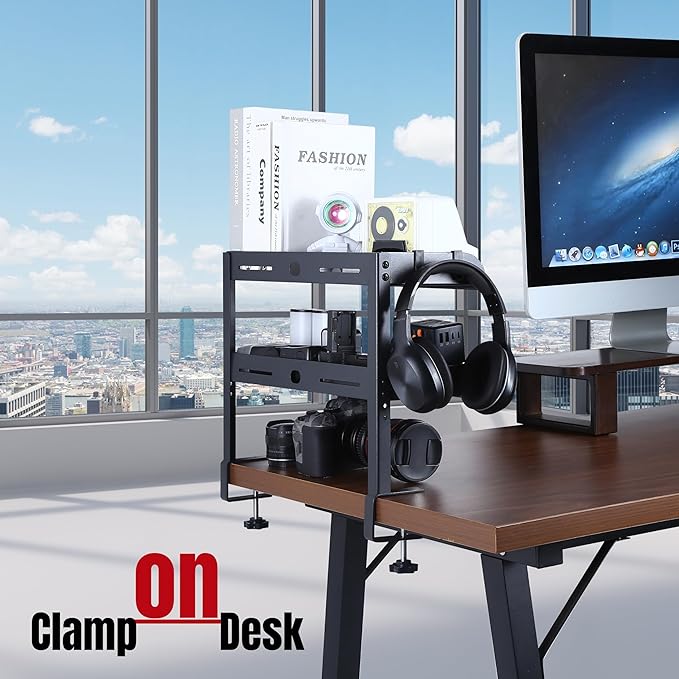 CanKing Clamp Desk Shelf 2 Layer Clip On or Under Table Organizer, Black, 15 inch
