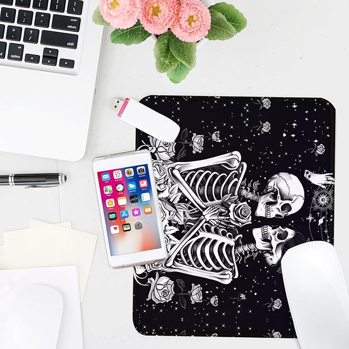 Skull Skeleton Love Square Mouse Pad, Non-Slip Rubber Base Mouse Pad,Home Office Decoration Desktop Accessory,Laptop Mouse Pad for Office Laptops,9.4x7.8x0.12inch.