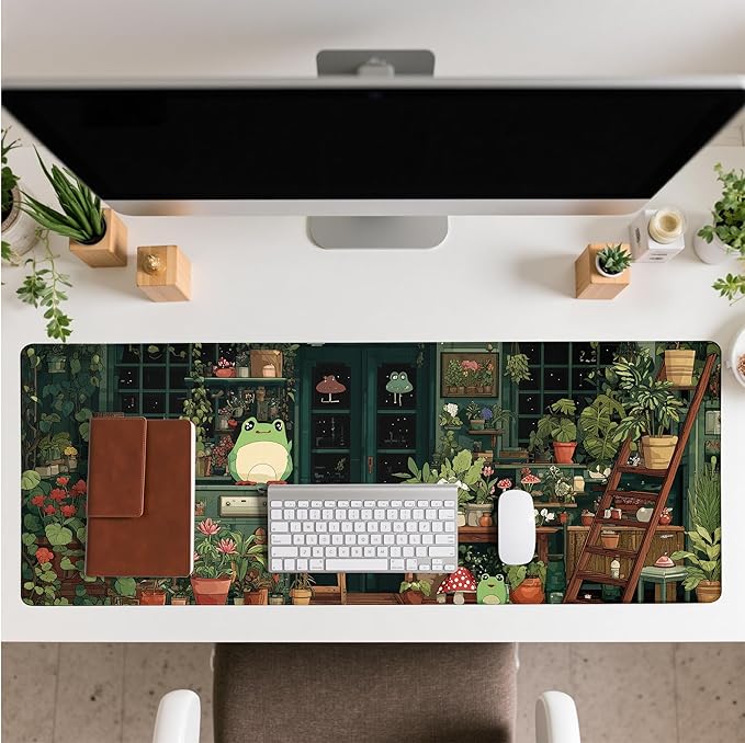 Cute Frog Kawaii Green Mouse Pad Desk Mat XL Extended Large Gaming Desk Pad Mousepad, Green Plant Computer Laptop Keyboard and Mouse Mat, Desktop Protector Mat for Office and Home 31.5x11.8 in