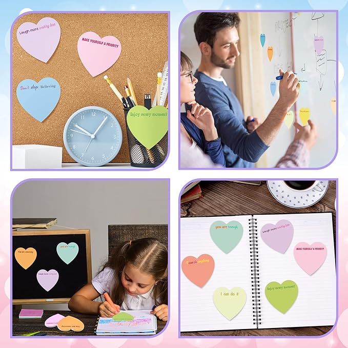 Teling 24 Pack Valentine's Day Sticky Notes Heart Shape Sticky Notes 3 x 3 Inch Inspirational Notepads Bulk Cute Memo Pads for Valentines Party Gifts School Office Supplies (Pastel)