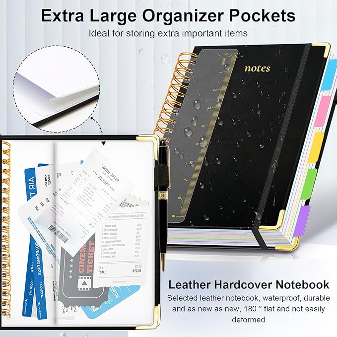 Hardcover Spiral Notebook 8.5"x11" Journal Notebook with Tabs and Removable Dividers 300 Pages 5 Subject Notebook College Ruled, Faux Leather Spiral Bound Notebook for Women School Work (Black)