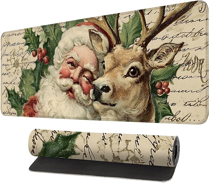 Desk Mat, XXL Extended Gaming Pad for Desktop, 31x12 Inches Santa and Reindeer Classic Scene, Large Non-Slip Vegan Leather Keyboard Mouse Mat for Home Office