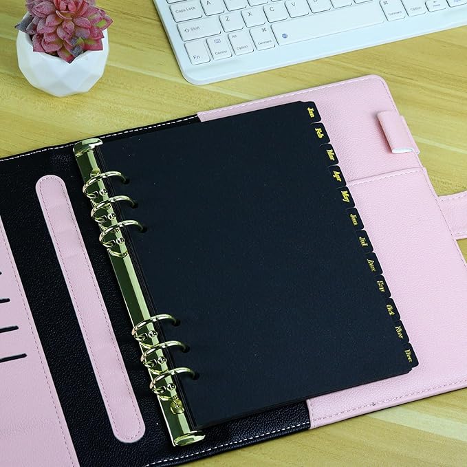 Koqye Leather Textured A5 6-Ring Binder Dividers with 12 Monthly Tabs, Black Paper Index Page Separators for Planner/Organizer (2 Set - 12 Monthly Tabs)