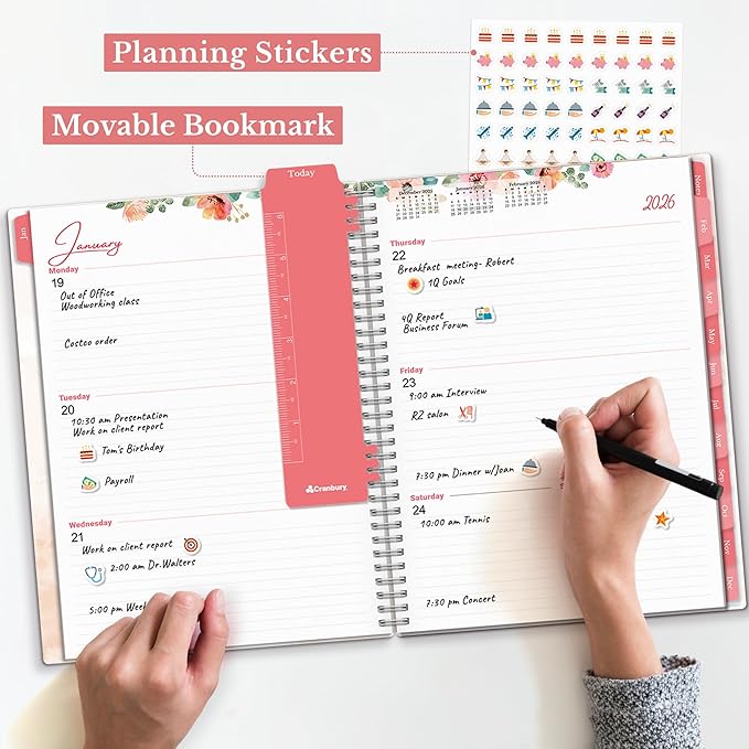 CRANBURY Large Planner 2026, 8.5x11 Weekly Monthly Calendar Agenda, from Jan to Dec Daily Organizer, Floral Theme, Spiral Bound Planner with Tabs