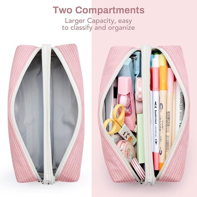 KALIDI Large Pencil Case Corduroy Pencil Pouch Box Cute School Supplies for Teen Girls Boys, Pink