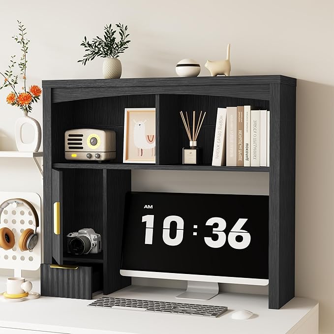 Desktop Shelf, Wooden Desk Hutch with Storage, Desktop Bookshelf with Cabinet and Drawer, Office Desk Organizer, Space-Saving Organization, Over Desk Storage Shelves for Home, Dorm, Black