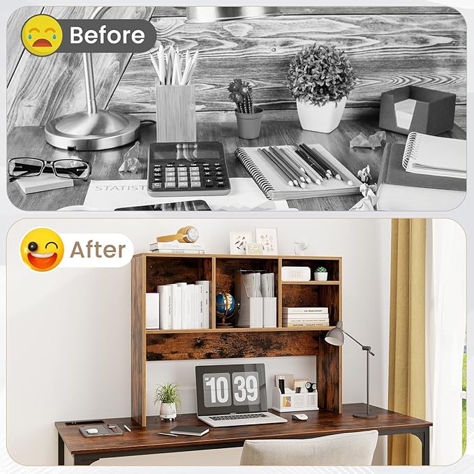 Desk Hutch, Desktop Shelf with 4 Shelves, Desk Bookshelf w/Anti-Toppling Devices, Wood Table Top Bookshelf Organizer, Small Desk Shelf for Study, Office, Dorm (Rustic Brown, 4 Shelves)