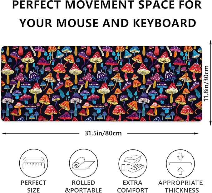 Colorful Mushroom Gaming Mouse Pad, Whimsical Fungi Pattern Large Desk Mat for Computer, Extended Keyboard Laptop Mouse Pads 31.5×11.8in, Non Slip Rubber Mousepad for Office Decor Gifts