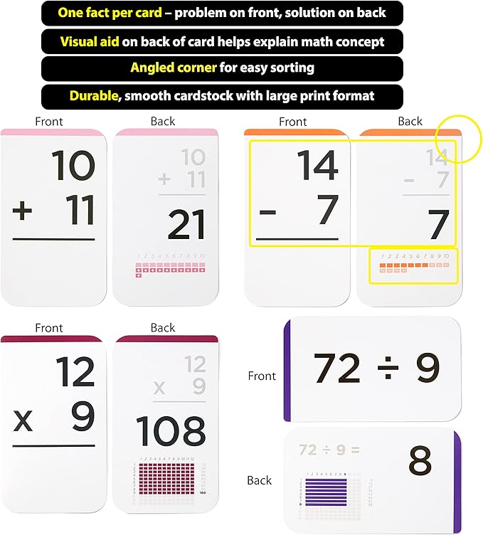 Award-Winning Math Flash Cards – 681 Addition, Subtraction, Multiplication & Division Facts (0–12) – 1 Fact & Visual Aid Per Card (Jumbo Size) 2 Dice, Games, Teaching Methods & Mastery Divider Tabs