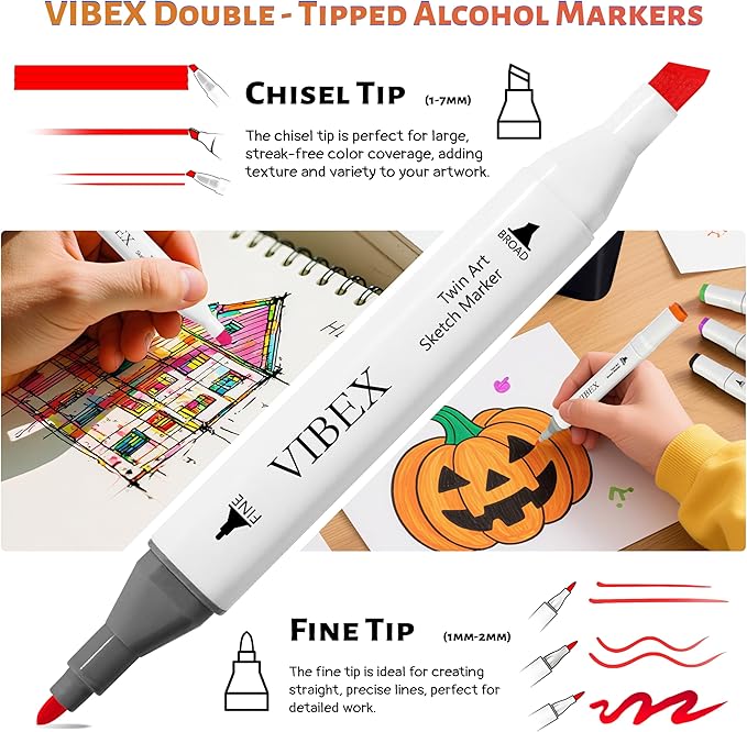 VIBEX 80 Colors Alcohol Markers with Base Dual Tip Drawing Markers for Adult and Kids Comics Coloring Sketching Illustration - Refillable (80 White)